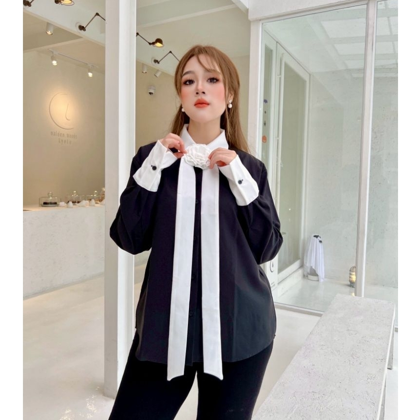 🖤 ROSE' SHIRT เสื้อเชิ้ตสีดำ แต่งโบว์กุหลาบ ถอดออกได้ อก 48"