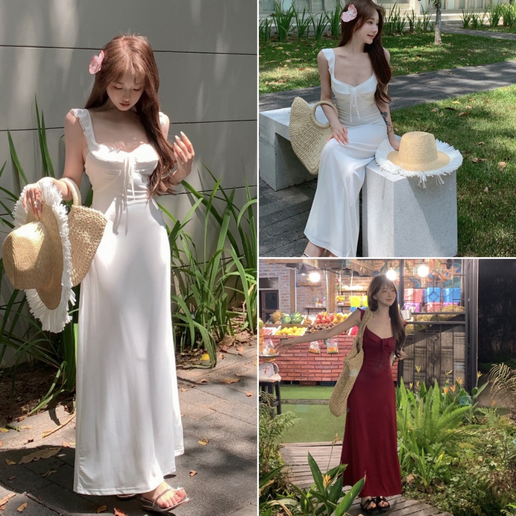 cherryshop พร้อมส่ง ชุดเดรส เดรสยาว เดรสเกาหลี กระโปรงยาวเปลือยหลังคอวี อ่อนโยน ไปทะเล แขนกุด ขาว แดง เนื้อผ้าใส่สบาย