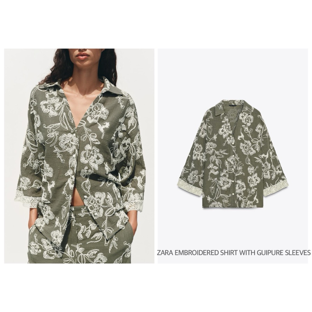 ZARA เสื้อเชิ้ตปักลายฉลุ คอปก ทรงหลวม EMBROIDERED SHIRT WITH GUIPURE SLEEVES (B0201)