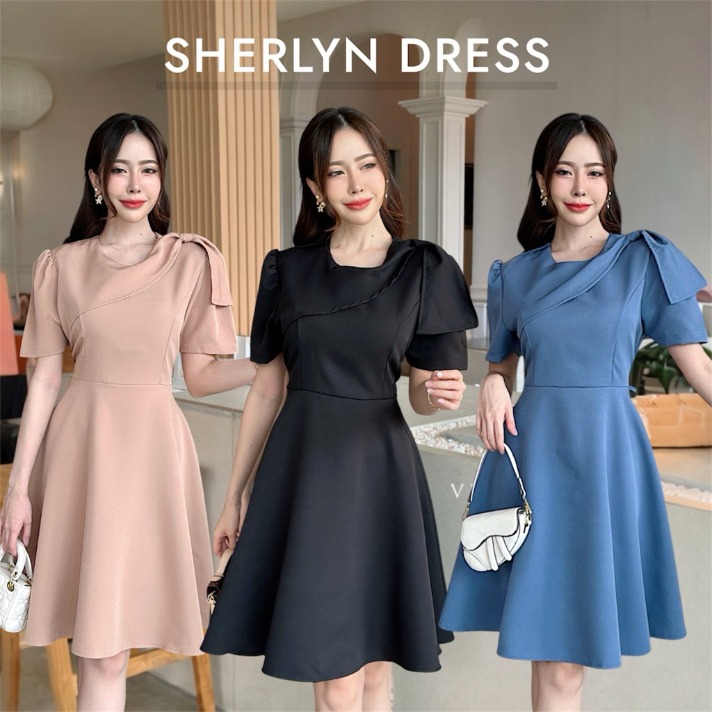 SHERLYN DRESS  เดรสออกงานโบว์ข้าง กระโปรงชายบาน ป้าย VERA