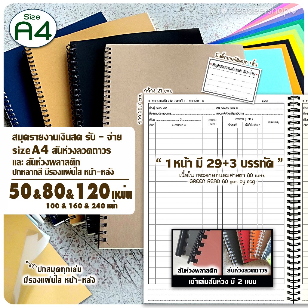 💥NEW💸 A4(ใหญ่)สมุดรายงาน เงินสด รับ-จ่าย 50,80,120 แผ่น / มีใส่เลขภาษี /ห่วงลวดถาวร &ห่วงพลาสติก🌈ปกหลากสี มีรองแผ่นใส