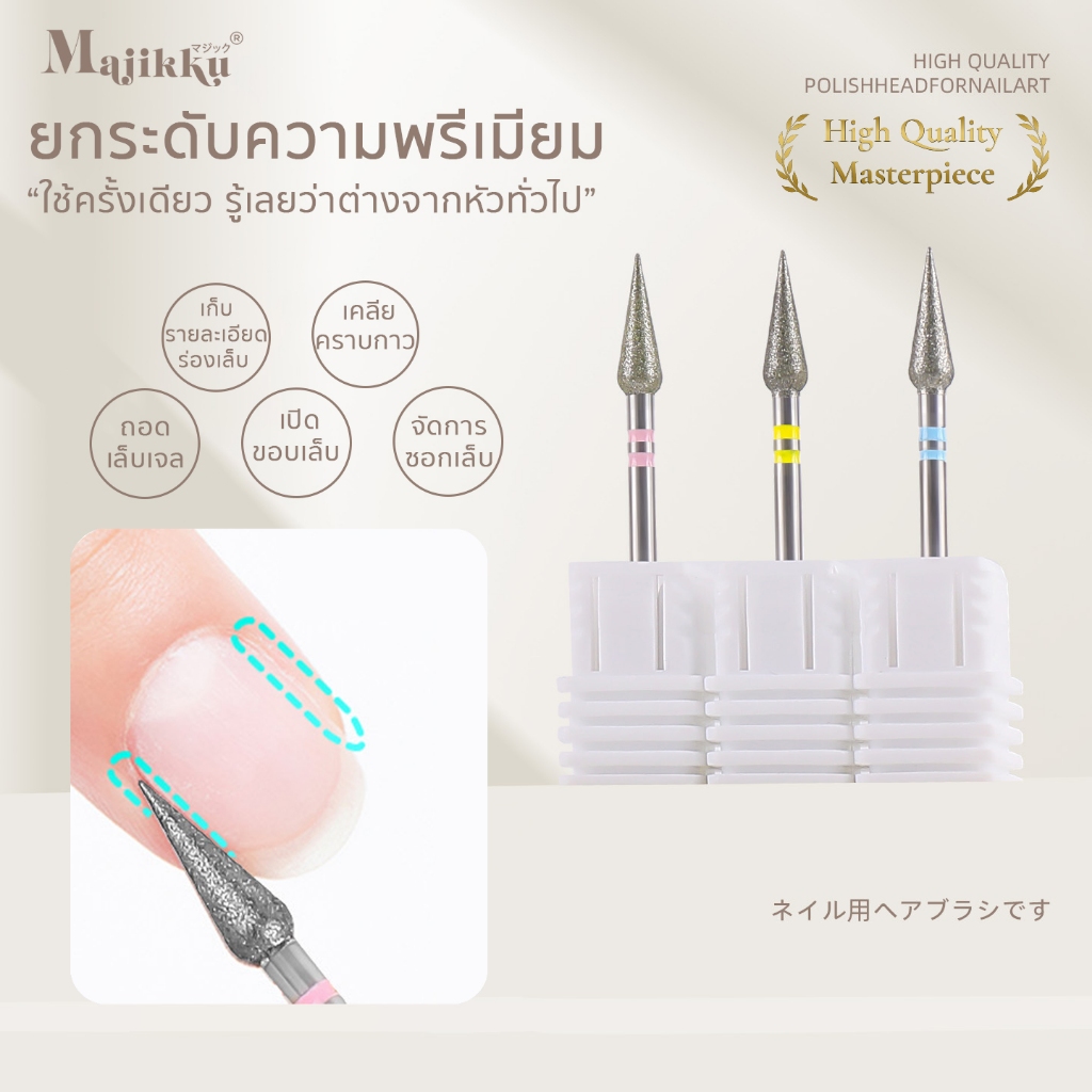 ใหม่ล่าสุด! หัวเจียร Majikku หัวเจียรเพชรทรงกรวย (Cone) เจียรหนัง เปิดขอบเล็บ ถอดเจล – ไม่บาดผิว!