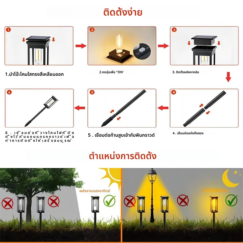 (ซื้อ 1 แถม 1)ไฟปักสนามสไตล์ญี่ปุ่น ไฟปักสนามพลังงานแสงอาทิตย์ ไฟโซล่าเซลล์ ไฟLED ไฟทาง Solar light - รูปที่ 6
