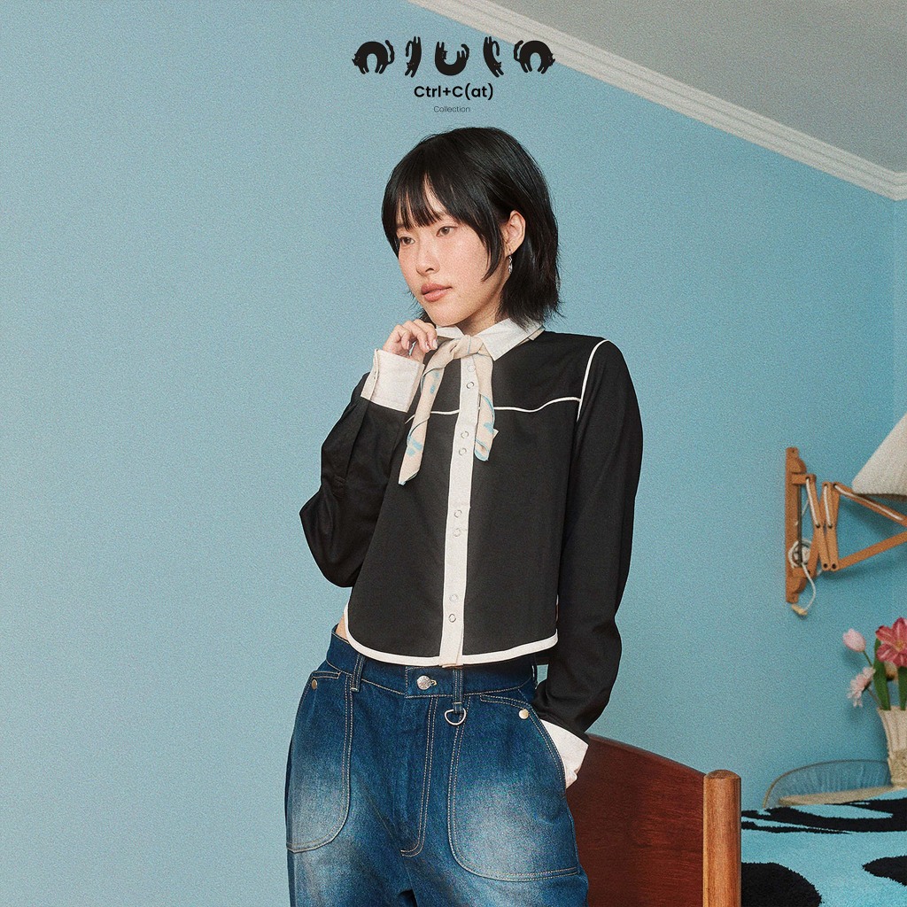 olulo Ctrl+C(at) - Cropped Long Sleeves Shirt เสื้อเชิ้ต คอปก ทรงครอป แขนยาว  (Free! Arm Patch จนกว่