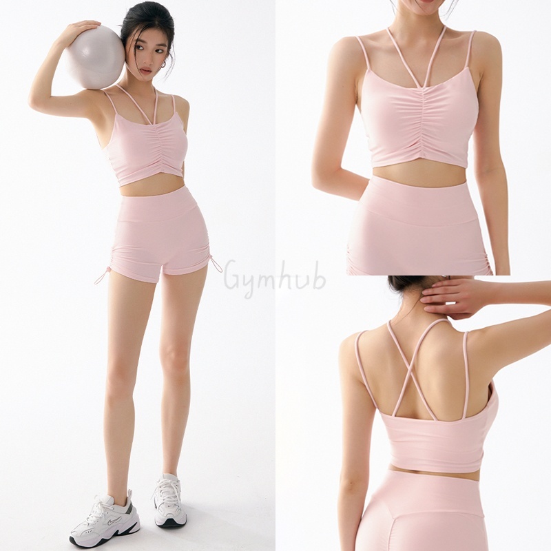 GYMHUB เสื้อซัพพอร์ตสายบางไขว้หลัง ดีไซน์จีบเร้าใจ แผ่นซับหน้าอกถอดได้ สำหรับโยคะพิลาทิส