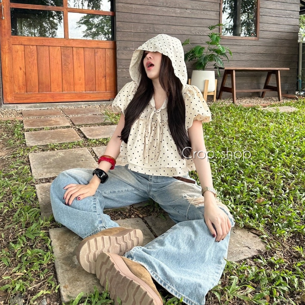 crop..shop เสื้อลายจุด เเขนตุ๊กตา มีฮู้ดใช่ได้จริง เชือกสวยผูกได้จริง งานเดียวคุ้มค่ามาก สวยสุดๆ รูปที่ 6