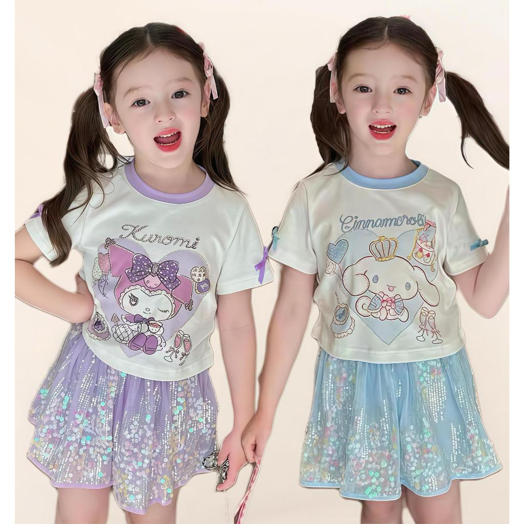 AY146 ชุดเดรสเด็กผู้หญิง ลายการ์ตูนสุดน่ารัก ตัวเสื้อผ้านุ่ม ใส่สบาย ไม่ระคายผิว ✨ กระโปรงชั้นนอกผ้าตาข่ายระยิบระยับ