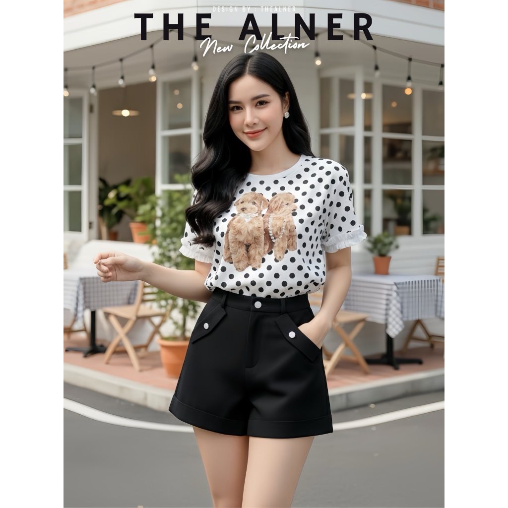 Thealner-AN583 (เซตเสื้อขาวลายจุดน้องหมา กก.ขาสั้นดำ)