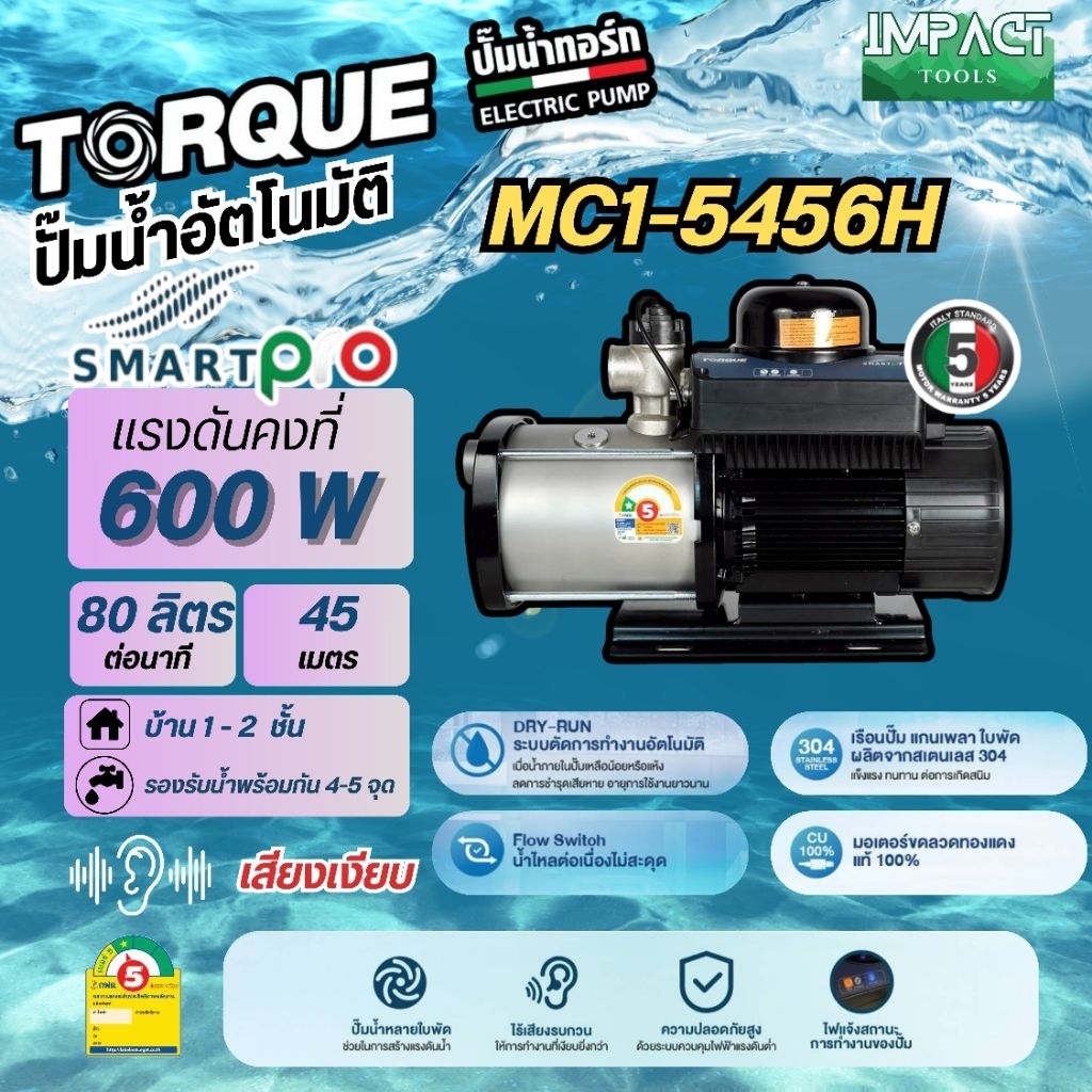 TORQUE ปั้มน้ำอัตโนมัติเเรงดันคงที่ รุ่น SMART PRO (เสียงเงียบพิเศษ) มาตรฐานอิตาลี ประกันมอเตอร์ 5 ป