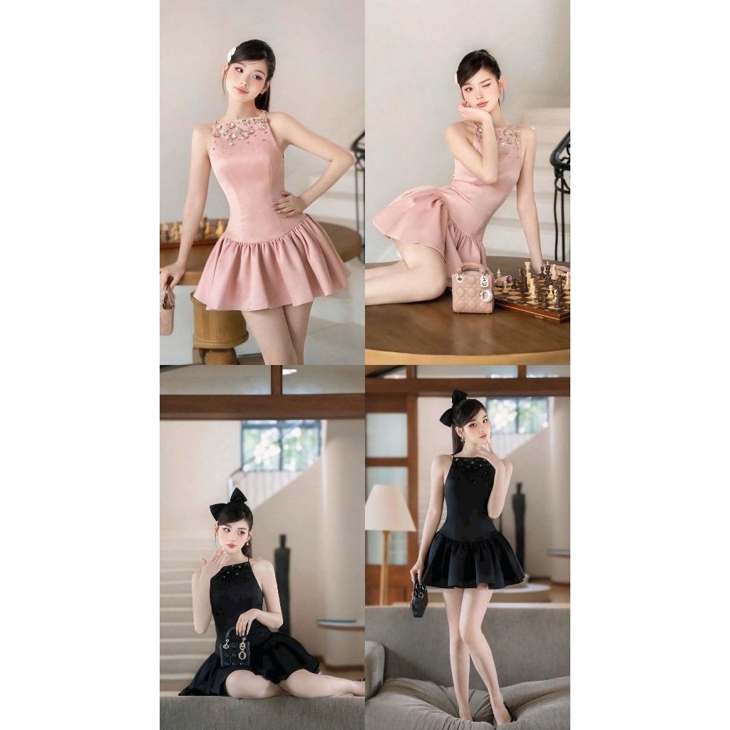 เดรสคอประดับมุก/เพชร ทรงมินิบาน พร้อมส่ง (ชมพู/ดำ) | Beaded High-Neck Flare Mini Dress (Pink/Black)
