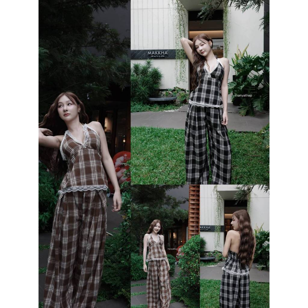 【THANYATHEP】 TYT 10316 เซท2ชิ้นผ้าลายสก้อตแบบลูกคุณ เสื้อผูกคอแต่งลูกไม้มาพร้อมกางเกงขายาวใส่แล้วคุณ