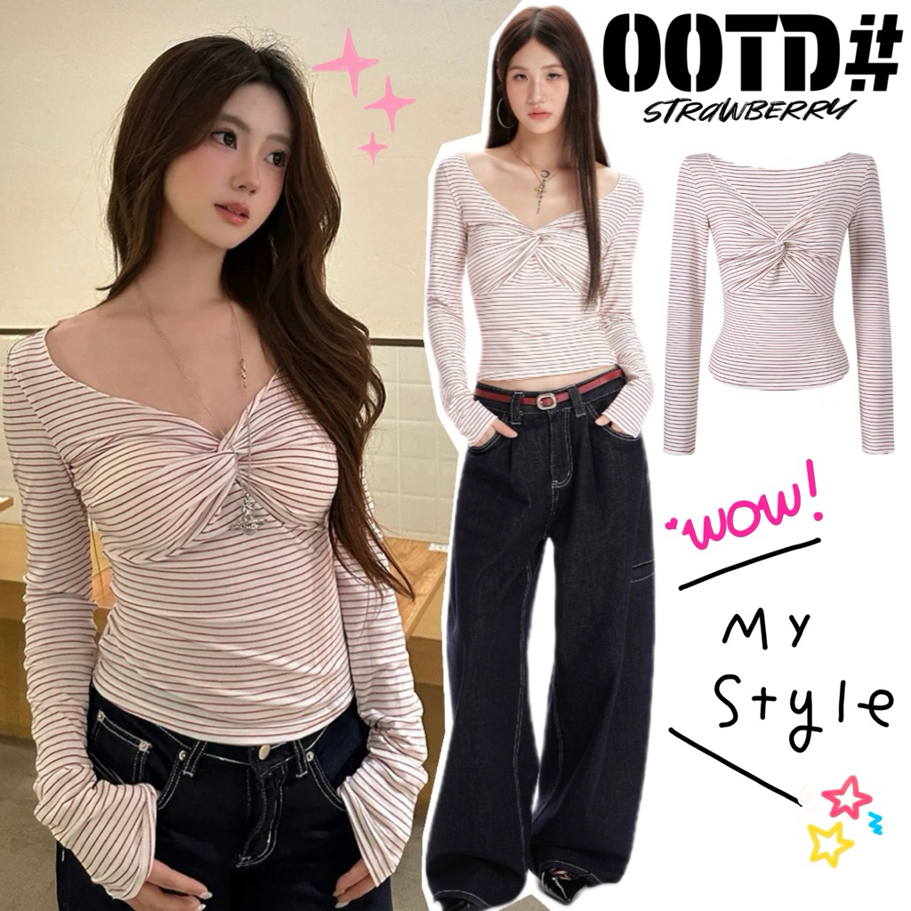 STR พร้อมส่ง🎀✨ เสื้อยืดแขนยาวลายทางสีแดง ดีไซน์จับจีบคอวี เสื้อครอปทรงเข้ารูป เรียบหรู สไตล์สาวฮอต เซ็กซี่แฟชั่นผู้หญิง