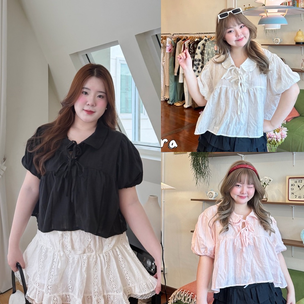 ✅สีดำ มาใหม่ค่ะ/JR/ เสื้อคอบัว สาวอวบ ไซส์อก40-50 ผูกโบว์หน้า น่ารักมาก #เสื้อไซส์ใหญ่ พลัสไซส์