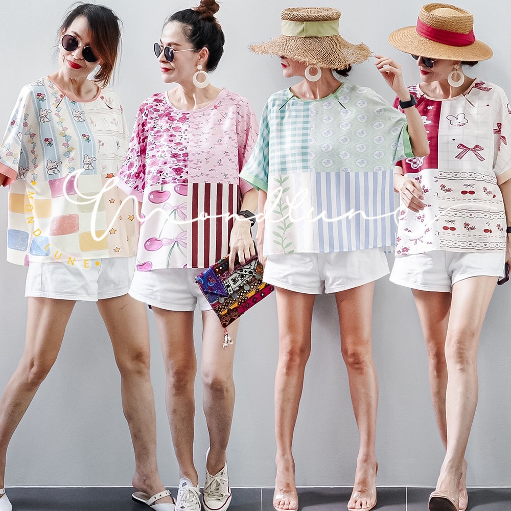 #4106 MondLune เสื้อเบลาส์คอกลม แขนสั้น กระดุมคอเปิดข้าง ผ้าไหมลินินเกาหลี พิมพ์ลายดอกไม้