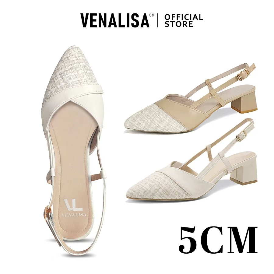 รองเท้า Venalisa สำหรับผู้หญิง หัวแหลม ปลายผ้า Tweed สายไขว่ โลหะเข็มขัด สายสะพา