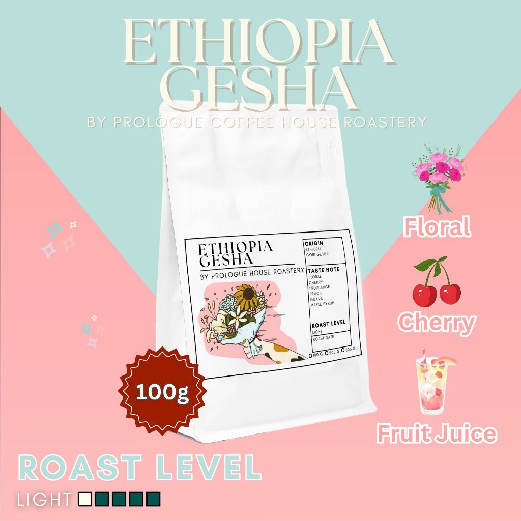 Prologue coffee เมล็ดกาแฟ Ethiopia Gesha Single Origin คั่วอ่อน อาราบิก้าแท้ 100% ขนาด 100g ไม่แต่งก