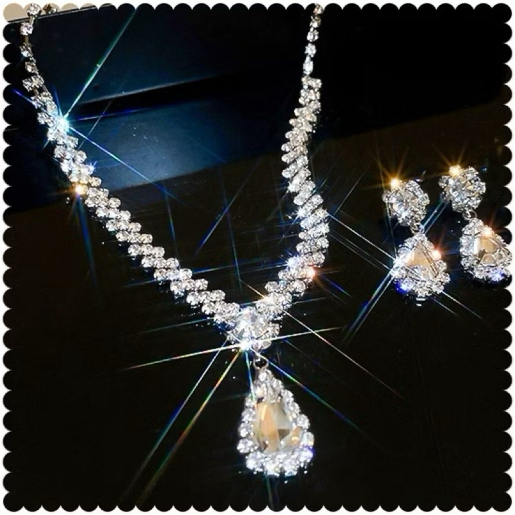 ชุดสร้อยคอ สร้อยข้อมือ ต่างหูเพชรสีขาววิบวับ พร้อมส่ง - รูปที่ 2