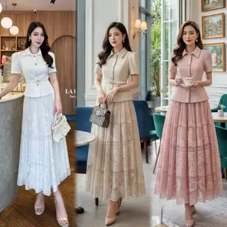 S-XXL ชุดเซต 2ชิ้น เสื้อ+กระโปรง สีขาว/ครีม/ชมพู/เขียว/ดำ/แดง ใส่ทำงาน ไปงานแต่ง งานบุญ งานบวช #Lalabelle #Jariya