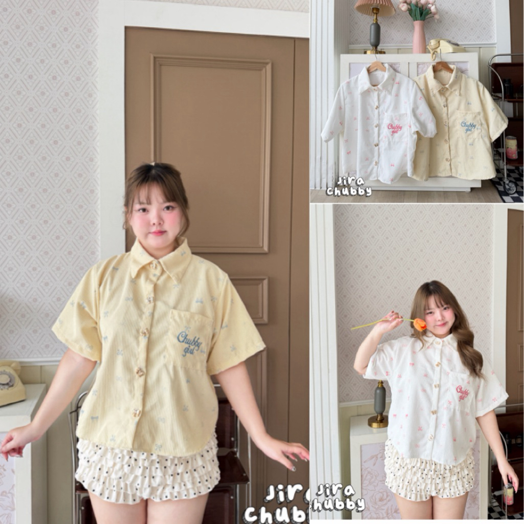 เสื้อลูกฟูกงานโบว์สาวอวบ ปักกระเป๋า🎀
