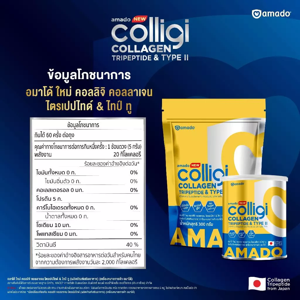 NEW! AMADO COLLIGI COLLAGEN - สูตรใหม่ คอลลิจิ คอลลาเจน ไตรเปปไทด์ แอนด์ ไทป์ ทู (ขนาด 300 กรัม) thumbnail 6