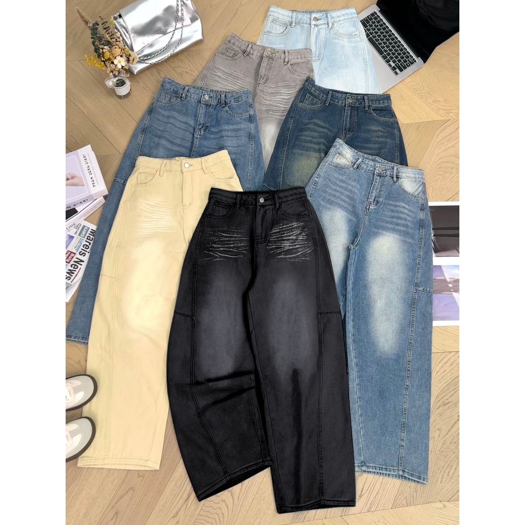 7สี กางเกงยีนส์ Barrel jeans ขนาด S-4XL สไตล์วินเทจ ออกแบบสวย#1301