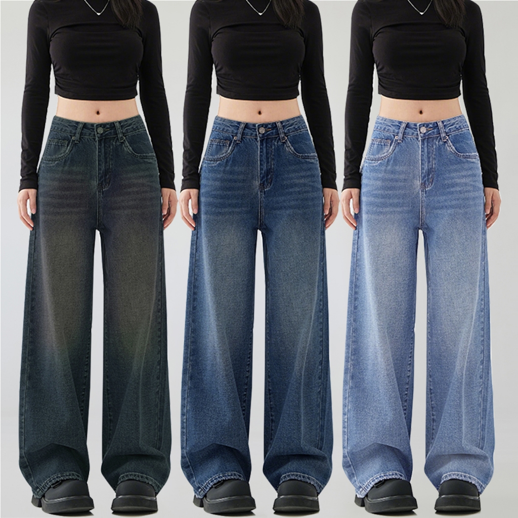 CLASHE กางเกงยีนส์เอวสูงแฟชั่น ขากว้าง ทรงหลวม กางเกงยีนส์ผู้หญิง