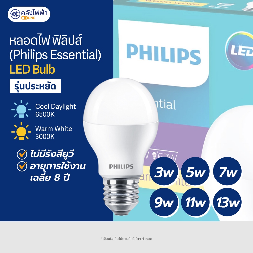 หลอดไฟ LED Philips Essential LED Bulb 3W-5W-7W-9W-11W-13W