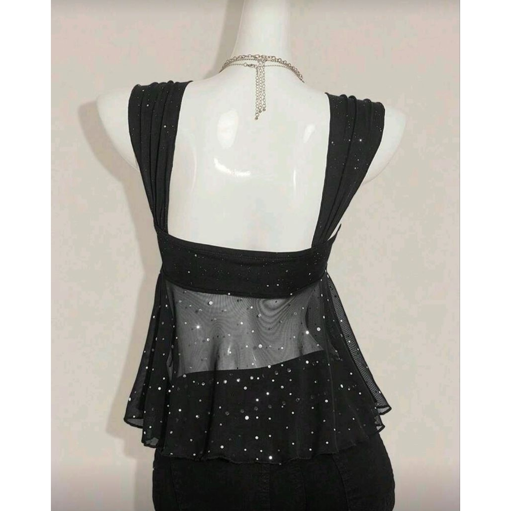 เสื้อสา​ยเดี่ยว​ แต่งกลิต​เตอร์​ ผูกป​มด้าน​หน้า​ ผ้าตา​ข่าย สีดำ​ I พรี​ออเดอร์​ - รูปที่ 2