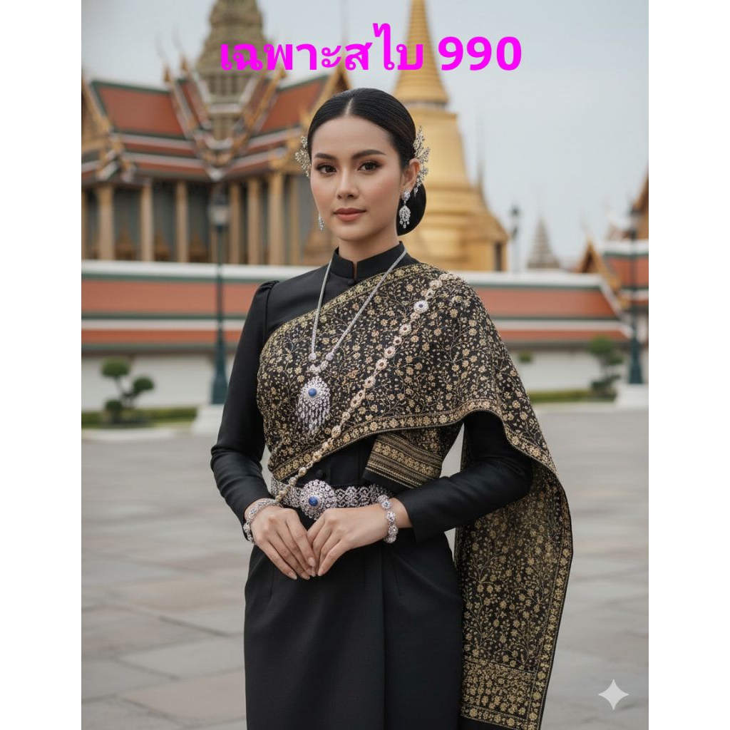 สไบโบราณ สไบสีดำ สีดำปักดิ้นทอง