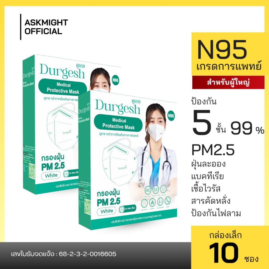 หน้ากากอนามัย N95 Medical Mask ยี่ห้อ Durgesh หนา 5 ชั้น ป้องกันฝุ่น PM2.5 ของเด็กเเละผู้ใหญ่ พร้อมจัดส่ง