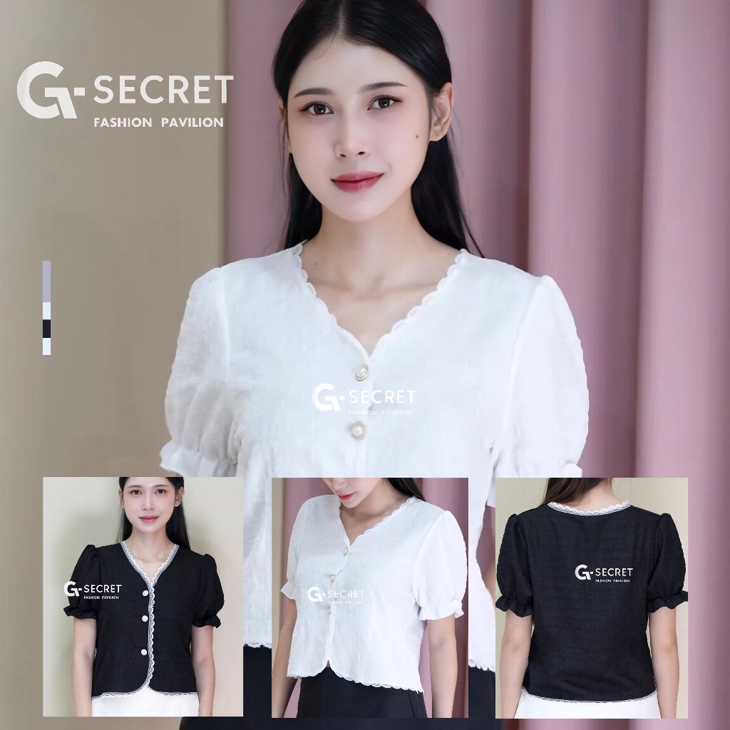 เสื้อคลุมแขนสั้นคอวีติดกระดุม แขนแต่งปล่อยระบาย ดีเทลกระดุมมุข น่ารักๆ ขอบแต่งลูกไม้ เนื้อผ้าชีฟอง ใส่สบาย