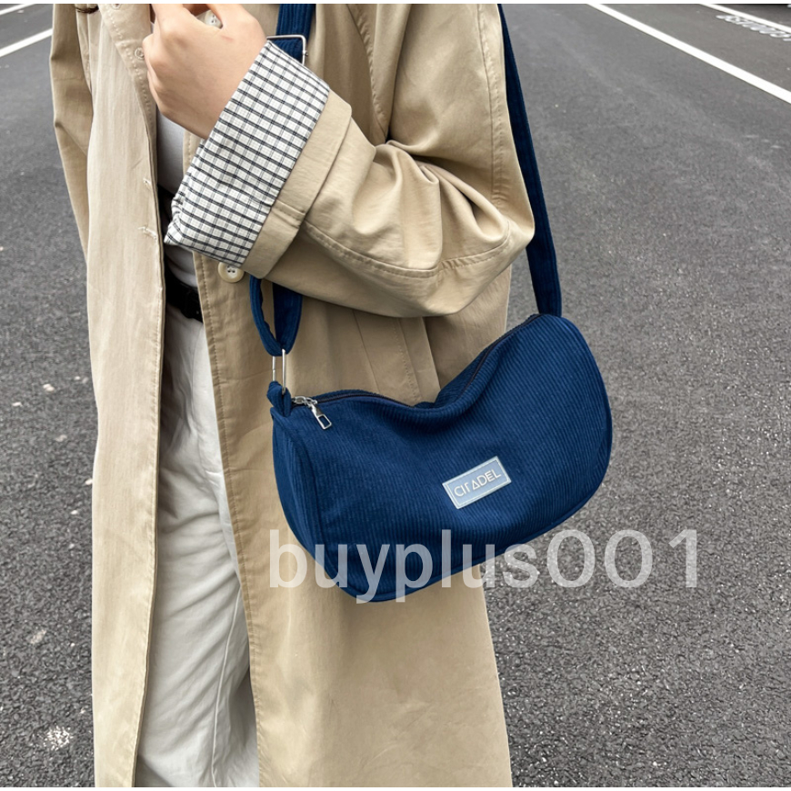 buyplus001 กระเป๋าสะพายไหล่ ผ้าลูกฟูก ไม่มีลาย แฟชั่น สไตล์เกาหลี พร้อมส่งในไทย B-054