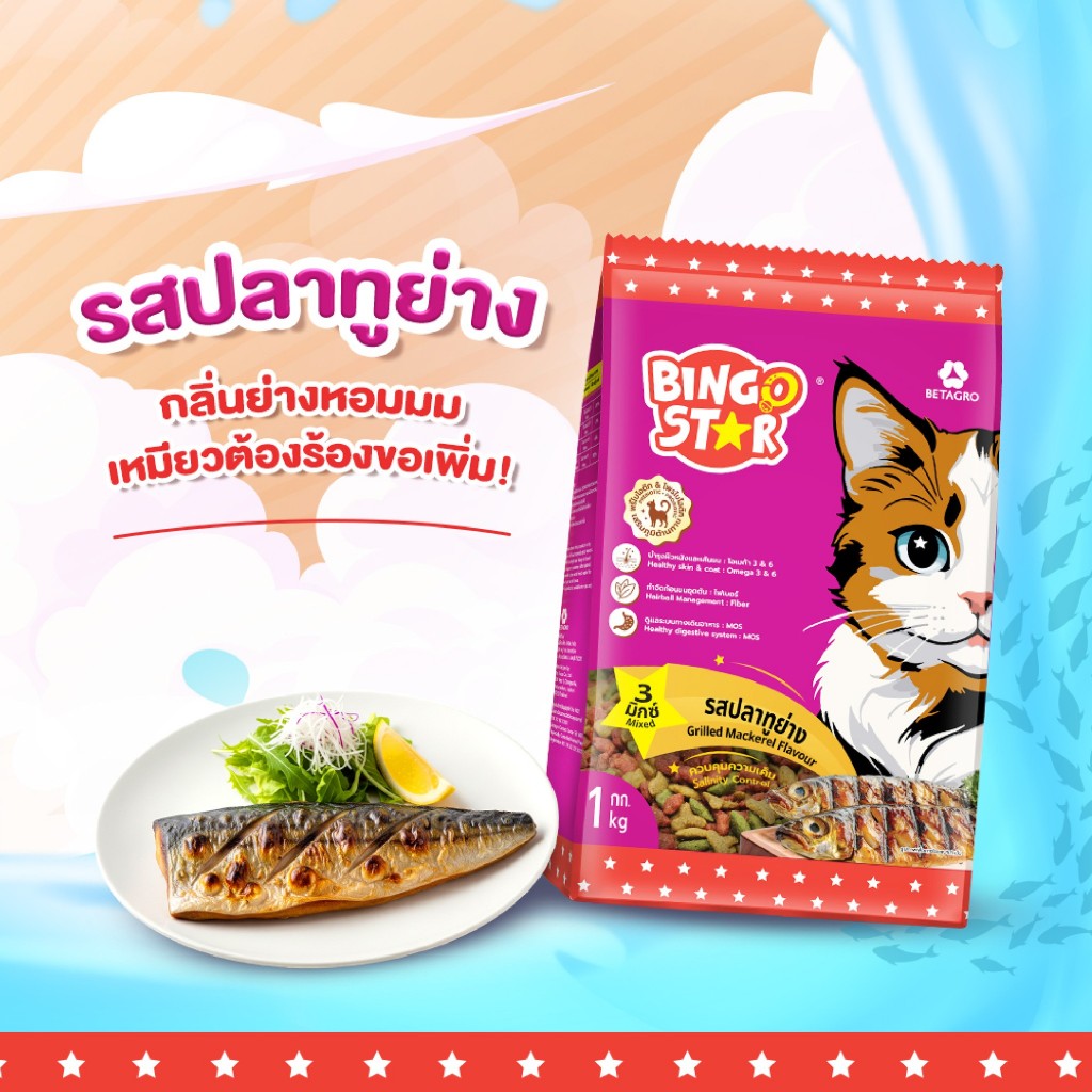 อาหารแมวบิงโกสตาร์ รสปลาทูย่าง ขนาด 1 กิโลกรัม *โฉม เพิ่มคุณค่า* อร่อยติดใจน้องแมวสุดเลิฟ