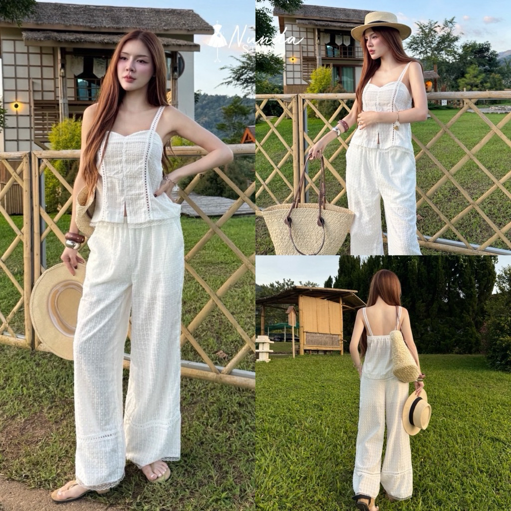 Set2ชิ้น เซทเสื้อสายเดี่ยว+กางเกงขายาว เซทงานเรียบหรูสีขาว ใส่ไปทะเลคาเฟ่ได้