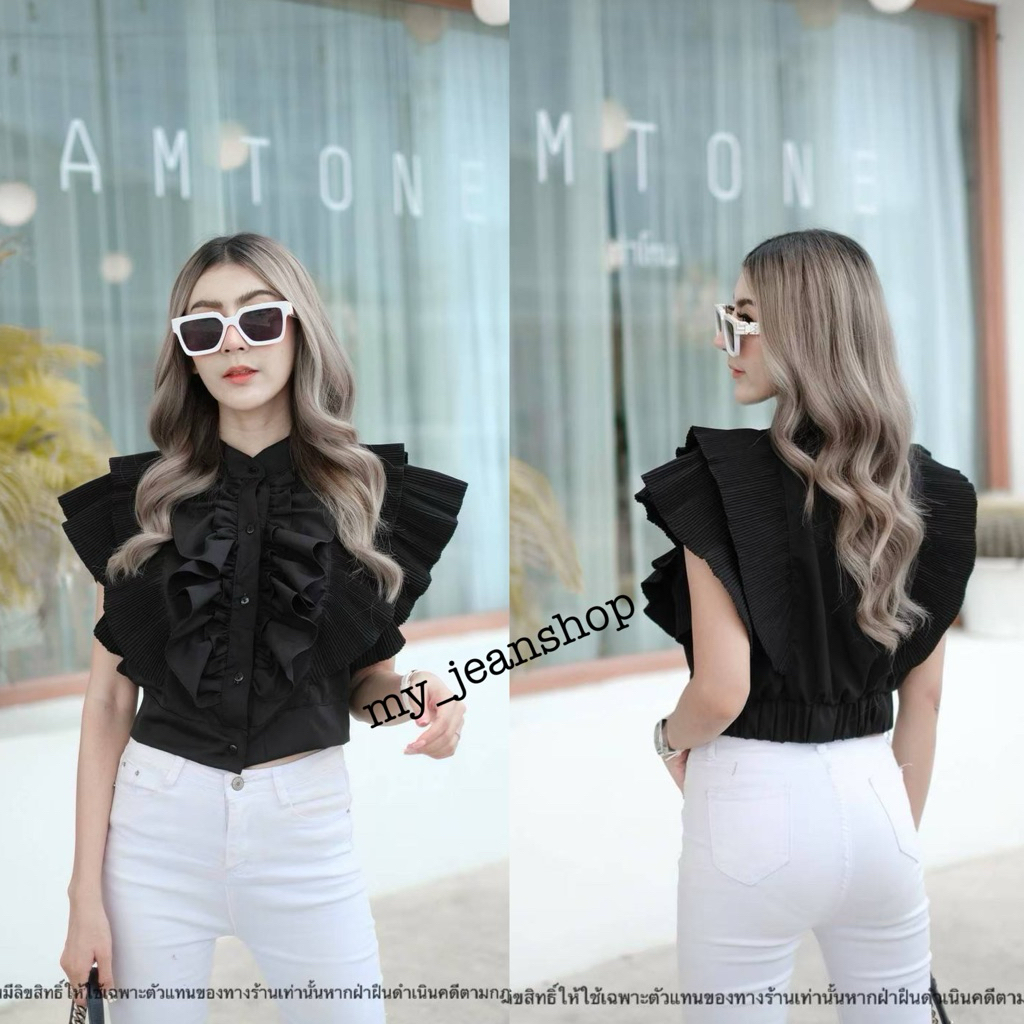 เก็บโค้ดลด15%ก่อน เสื้อครอปคอจีนแขนกุดระบายอัดพลีท ระบายหน้า-หลัง งานป้าย เสื้อออกงาน