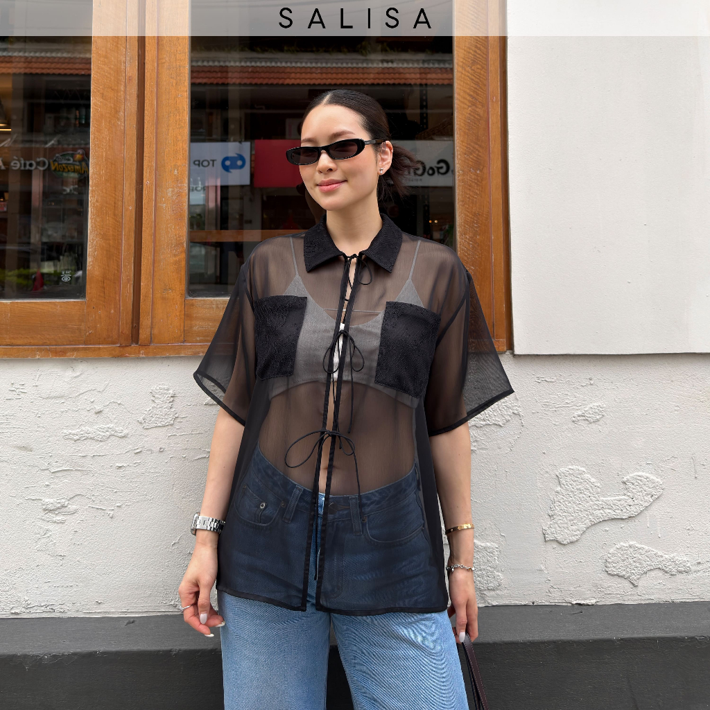 SALISA - SHEER SHIRT PF25 LACE DETAILS Black (แถมเกาะอกยืดสีนู้ด)