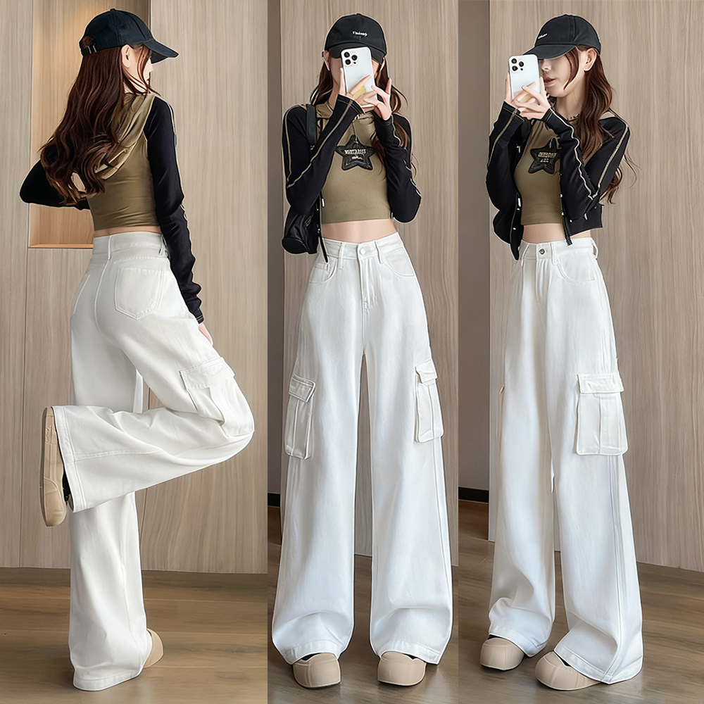 S-5XL กางเกงยีนส์เอวสูงทรงคาร์โก้สำหรับผู้หญิง สีขาว ไซส์ครบ ใส่สบาย ทรงหลวมเท่ๆ เหมาะกับทุกโอกาส