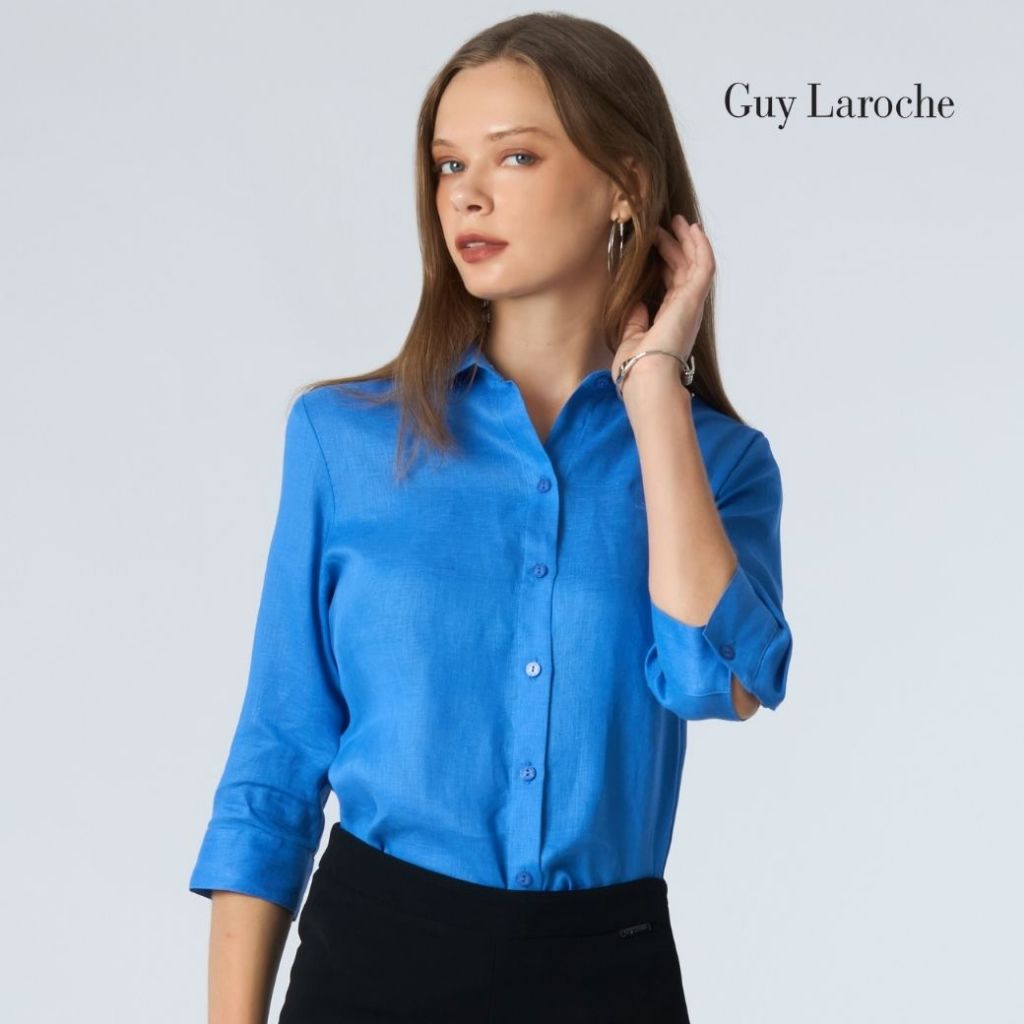 Guy Laroche เสื้อเชิ้ตผู้หญิง ไลท์ ลินิน แขนสามส่วน สีฟ้าทะเล G9U1NV