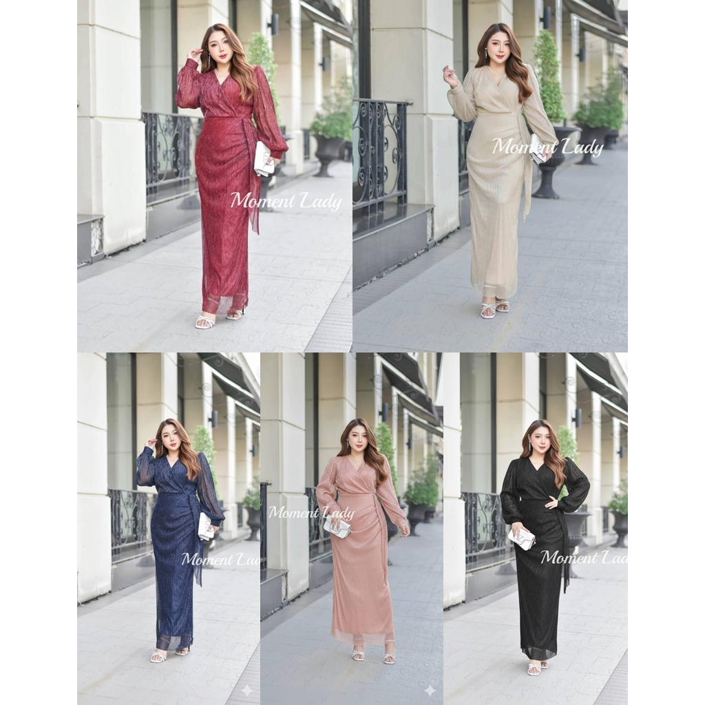 เดรสยาวคอวีป้าย แขนยาว สไตล์ฝรั่งเศส เรียบหรูมีสไตล์ ช่วยพรางหุ่น สำหรับสาวอวบ พลัสไซส์ ไซส์ใหญ่ MO