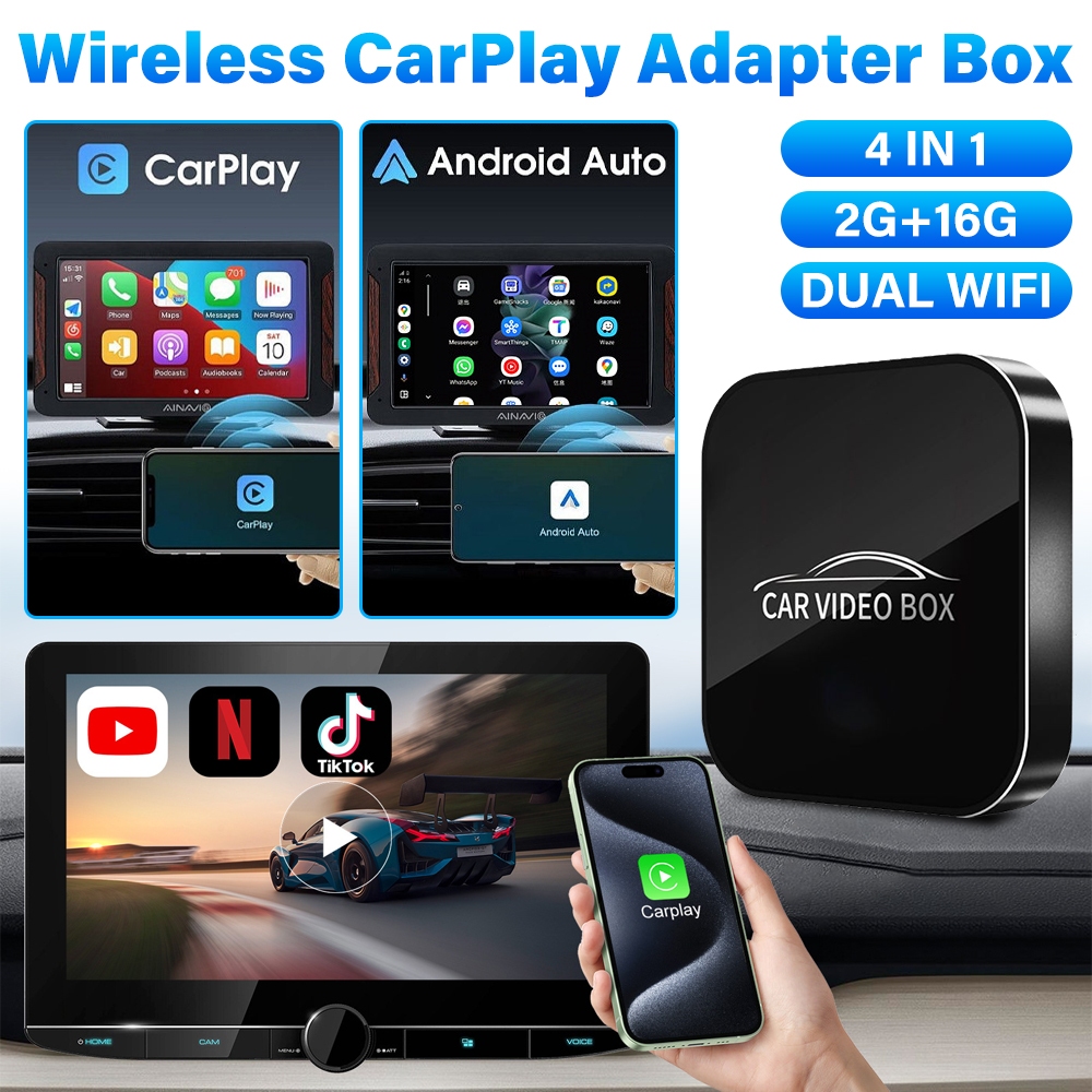 🧿สามารถรับชม YouTube/Netflix🧿CarPlay Adapter 4in1 Wireless Wired to Wireless CarPlay Adapter