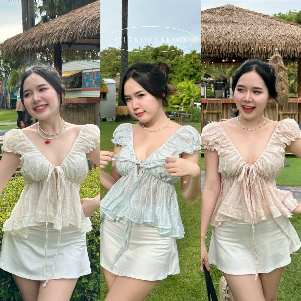 🌻เสื้อคอวีแขนดอลลี่ชายระบาย ดีเทลผูกโบว์หน้า ใส่ขึ้นไหล่/ปาดไหล่ได้ (KF FLOWER)