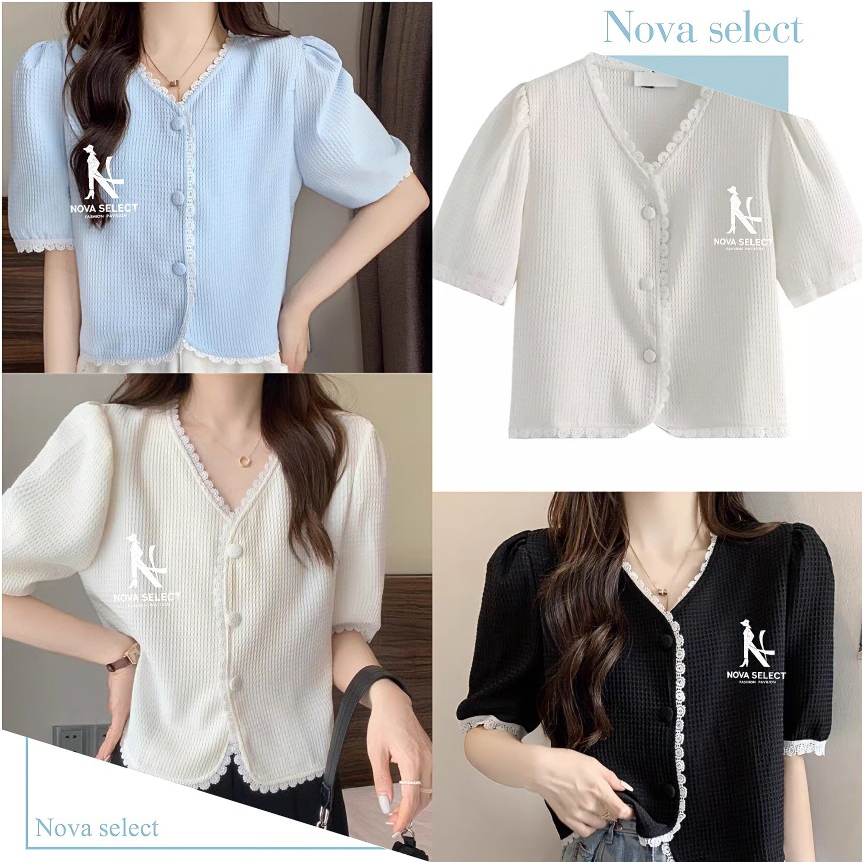 เสื้อคลุมแขนสั้น รุ่นติดกระดุม ทรงคอวี แนวเกาหลี ดีเทลขอบแต่งลูกไม้ เก๋ๆ เนื้อผ้าลินิน ใส่สบาย เข้ากับทุกการแต่งตัว