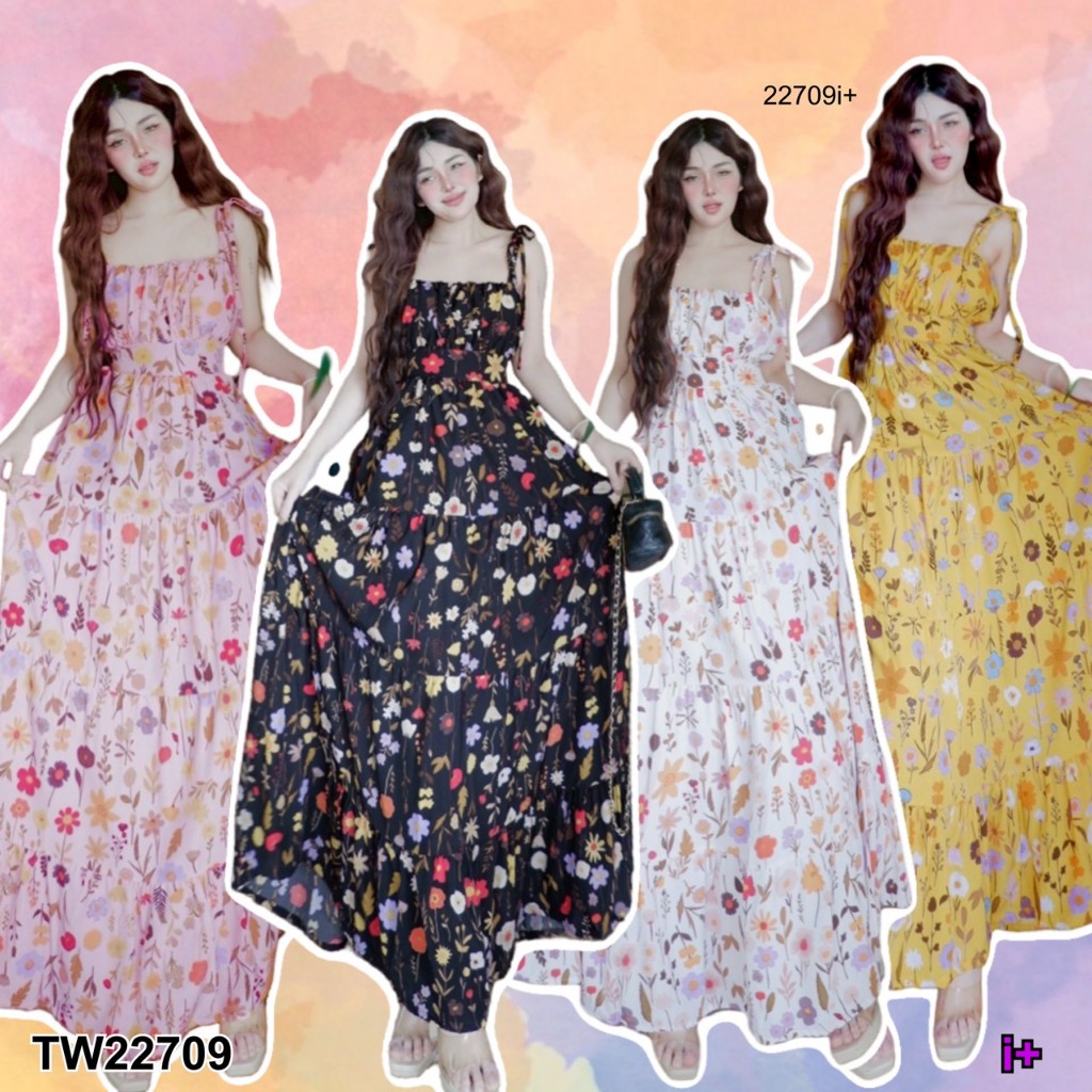 Maxi dress สายเดี่ยวผูกไหล่ ลายดอกไม้ TW22709 TwinsShopVip💗พร้อมส่ง