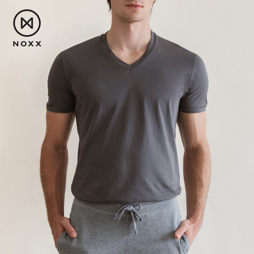 Noxx Extra Soft V-neck T-shirt: เสื้อยืดคอวี ผ้า พรีเมี่ยม พีม่าคอตต้อน สีเทาเข้ม Charcoal