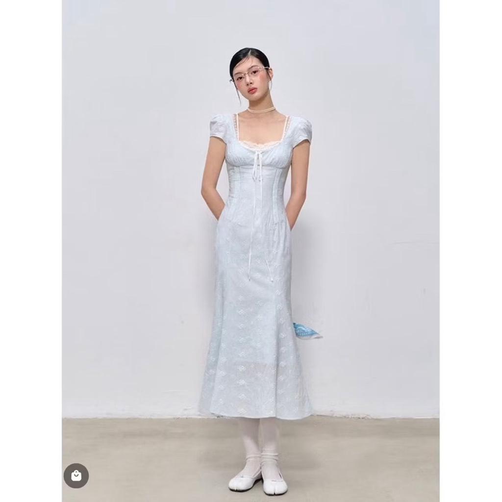 LaluneDuCiel: Pure Cotton Square Neckline Fitted Waist Lace Trim Long/Short Dress Spring Style เดรสลูกไม้สั้น ยาว