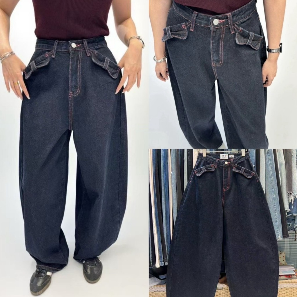 bow baggy black denim jeans กางเกงยีนส์ฟอกสีดำรุ่น 14197 TAG FSY 🇰🇷
