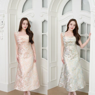 Pirunya - Long Dress 15 เดรสยาว เกาะอก แขนกุด แต่งจีบที่อก (ผ้าพิมพ์ลาย)