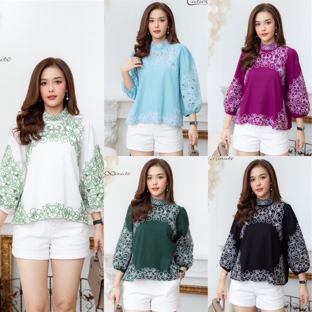 Cutie Minute L4135 เสื้อฝ้ายลินินปักฉลุสีตัดกับชุด ปักทั้งตัว เสื้อคอตั้ง แขนยาว