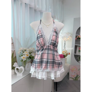 (อก30-42) Victoria Lace Top เสื้อคล้องคอลายสก็อตแต่งขอบลูกไม้ สาวอวบใส่ได้อกถึง 42 นิ้ว
