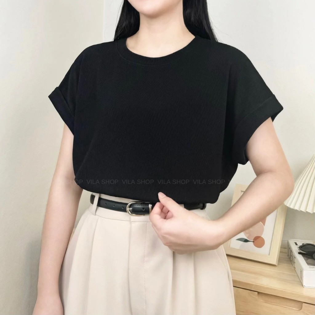 VL89 เสื้อคอกลมพับแขน ผ้า Waffle ใส่สบาย